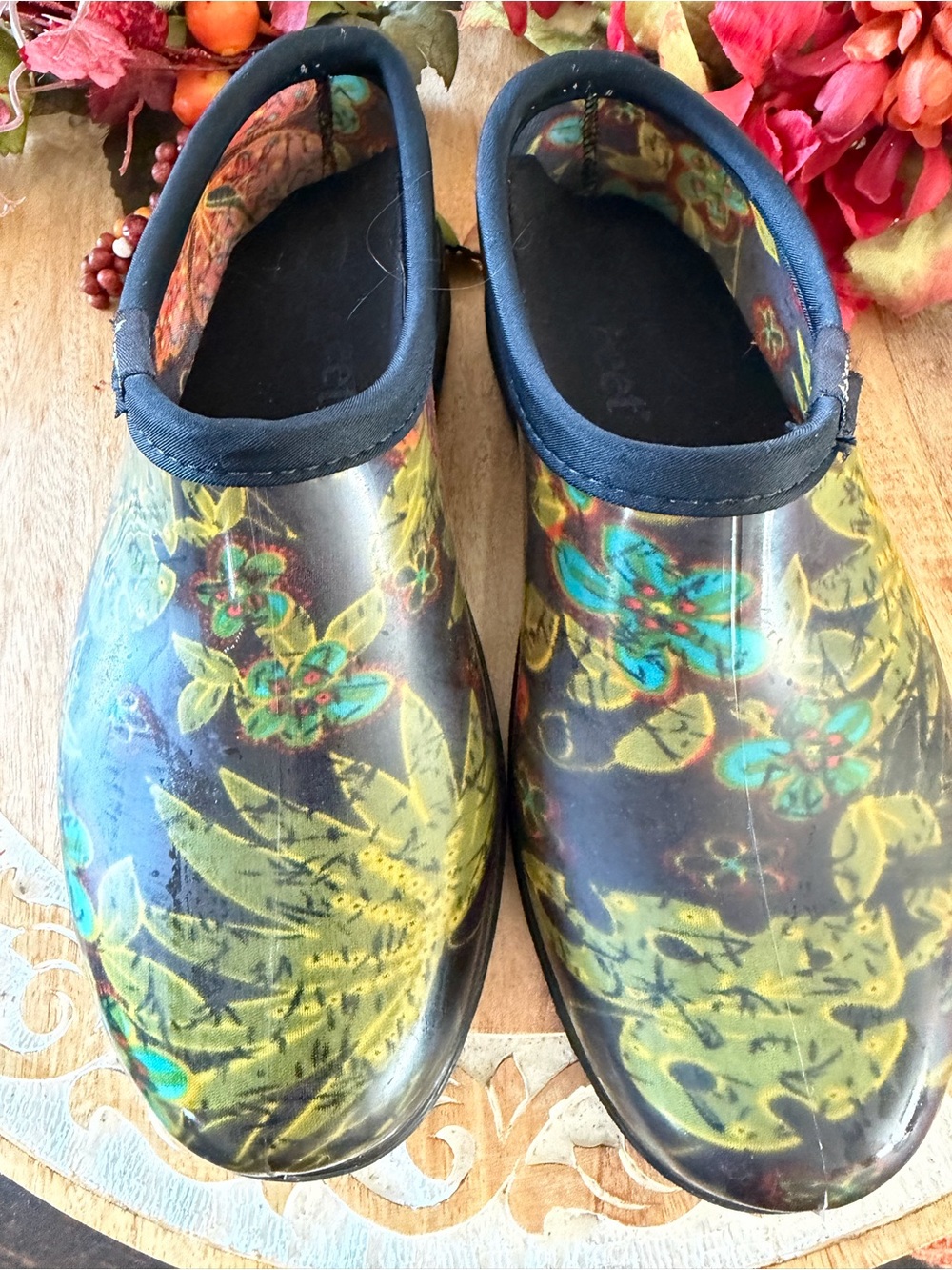 Sloggers Teal and Green Floral Slip-On Clogs